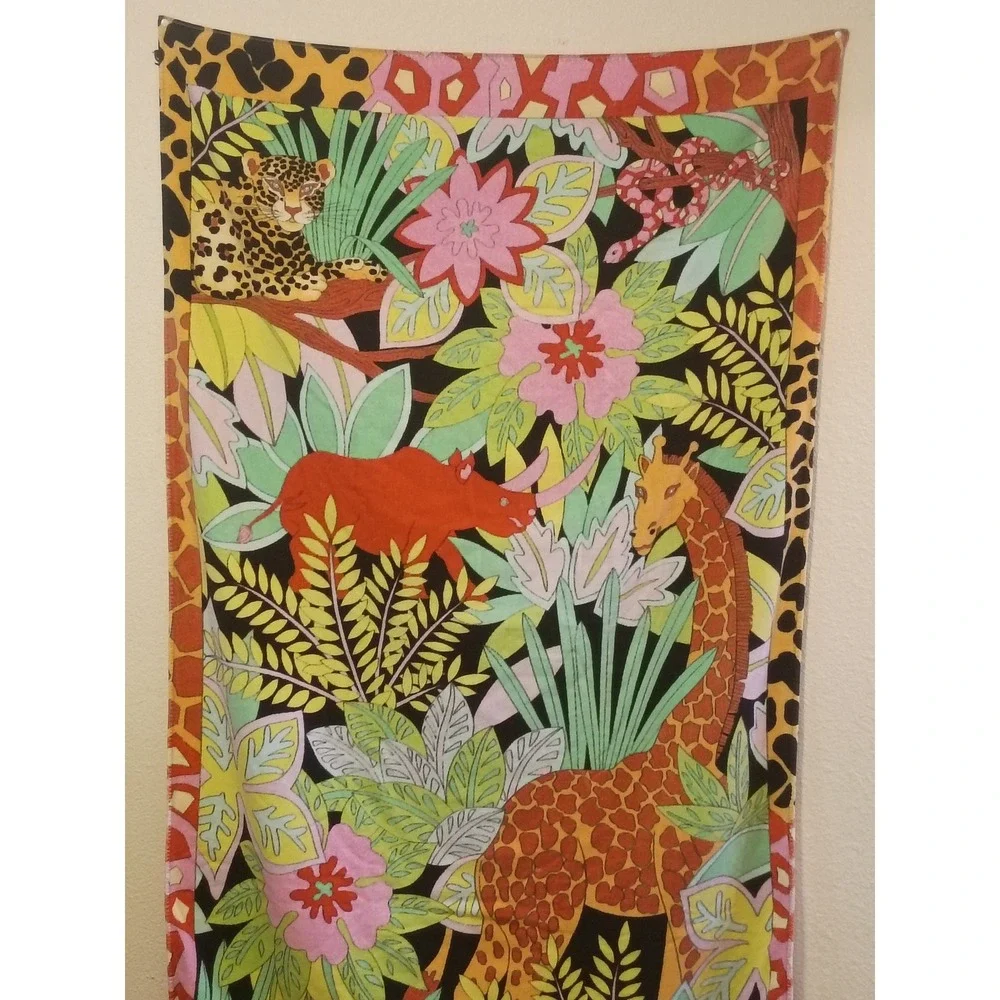 Vintage Jungle Animal Beach Towel Safari Giraffe Leopard Rhino Tropical 36x61